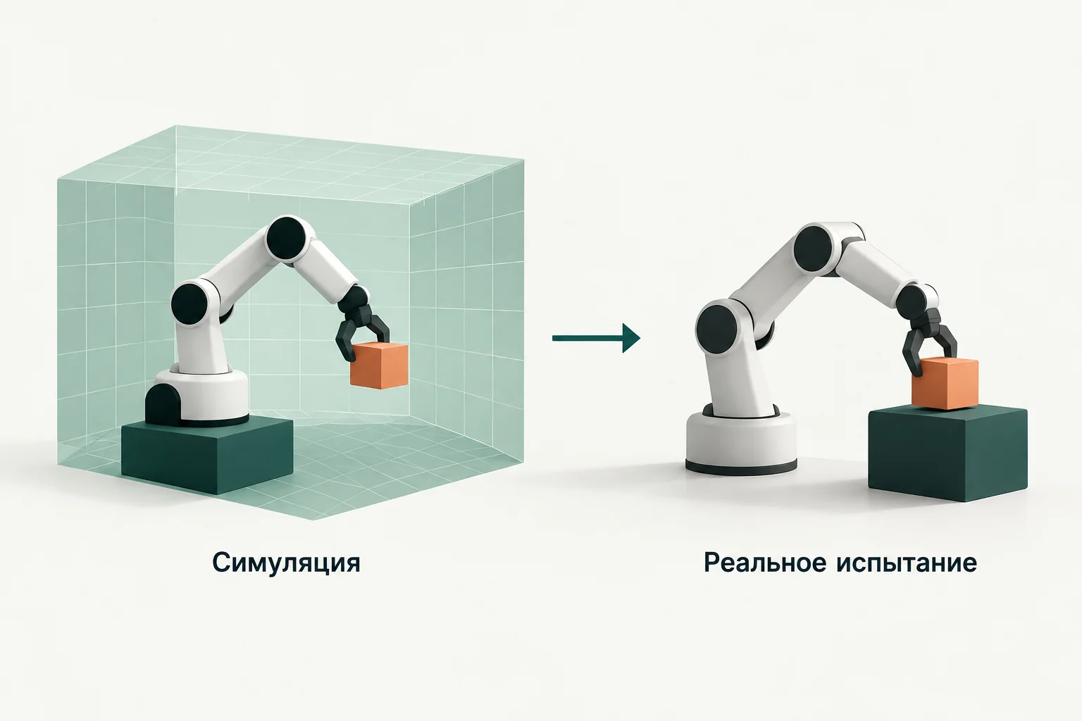 Концептуальная иллюстрация к обзору: Physical AI: обучение в симуляции и отдельный реальный экзамен